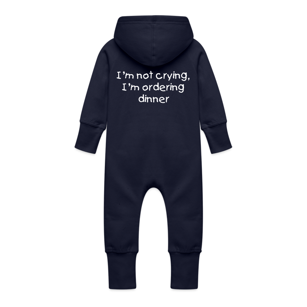 Baby Organic Idyo Sweat Overalls With Hood "I,m not crying , I'm ordering dinner" - navy