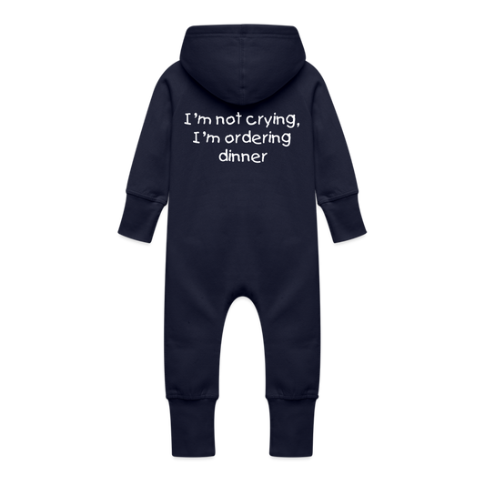 Baby Organic Idyo Sweat Overalls With Hood "I,m not crying , I'm ordering dinner" - navy