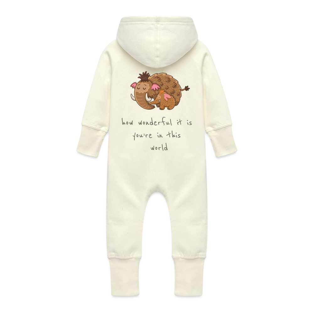 Baby Organic Idyo Sweat Overalls With Hood "how wonderful it is you're in this world" - vanilla