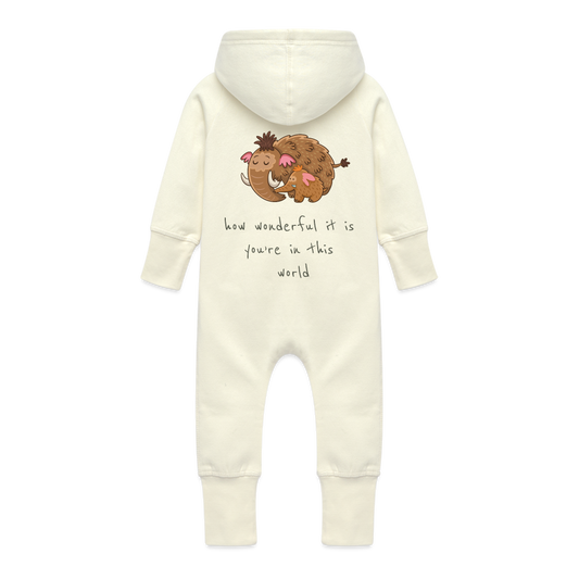 Baby Organic Idyo Sweat Overalls With Hood "how wonderful it is you're in this world" - vanilla
