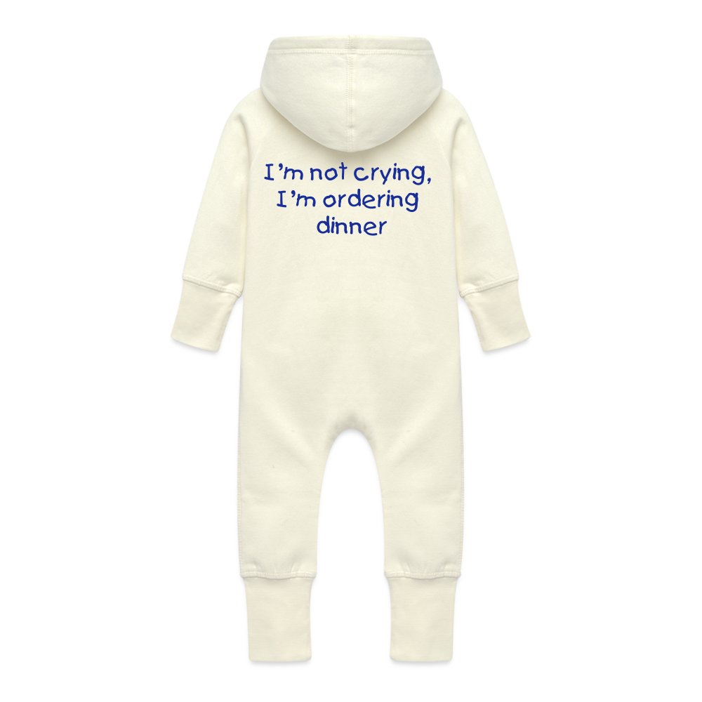 Baby Organic Idyo Sweat Overalls With Hood " I'm not crying, I'm ordering dinner" - vanilla