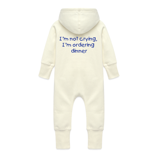 Baby Organic Idyo Sweat Overalls With Hood " I'm not crying, I'm ordering dinner" - vanilla