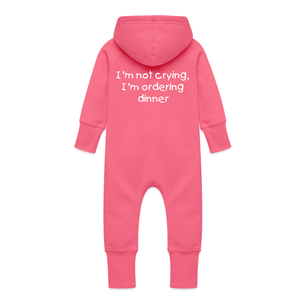 Baby Organic Idyo Sweat Overalls With Hood "I,m not crying , I'm ordering dinner" - fuchsia