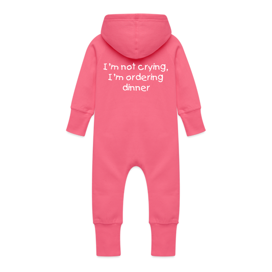 Baby Organic Idyo Sweat Overalls With Hood "I,m not crying , I'm ordering dinner" - fuchsia