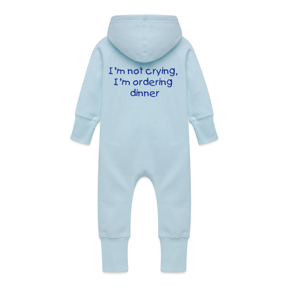 Baby Organic Idyo Sweat Overalls With Hood " I'm not crying, I'm ordering dinner" - light blue