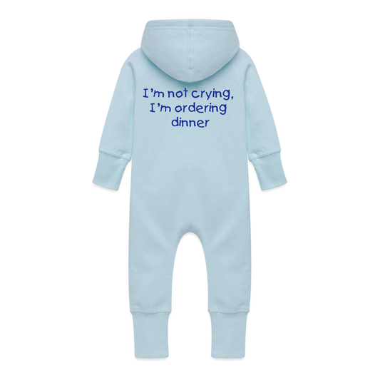 Baby Organic Idyo Sweat Overalls With Hood " I'm not crying, I'm ordering dinner" - light blue