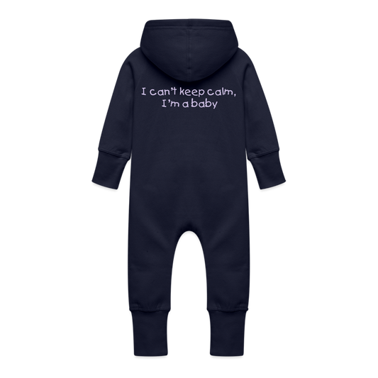 Baby Organic Idyo Sweat Overalls With Hood "I can't keep calm I'm a baby" - navy