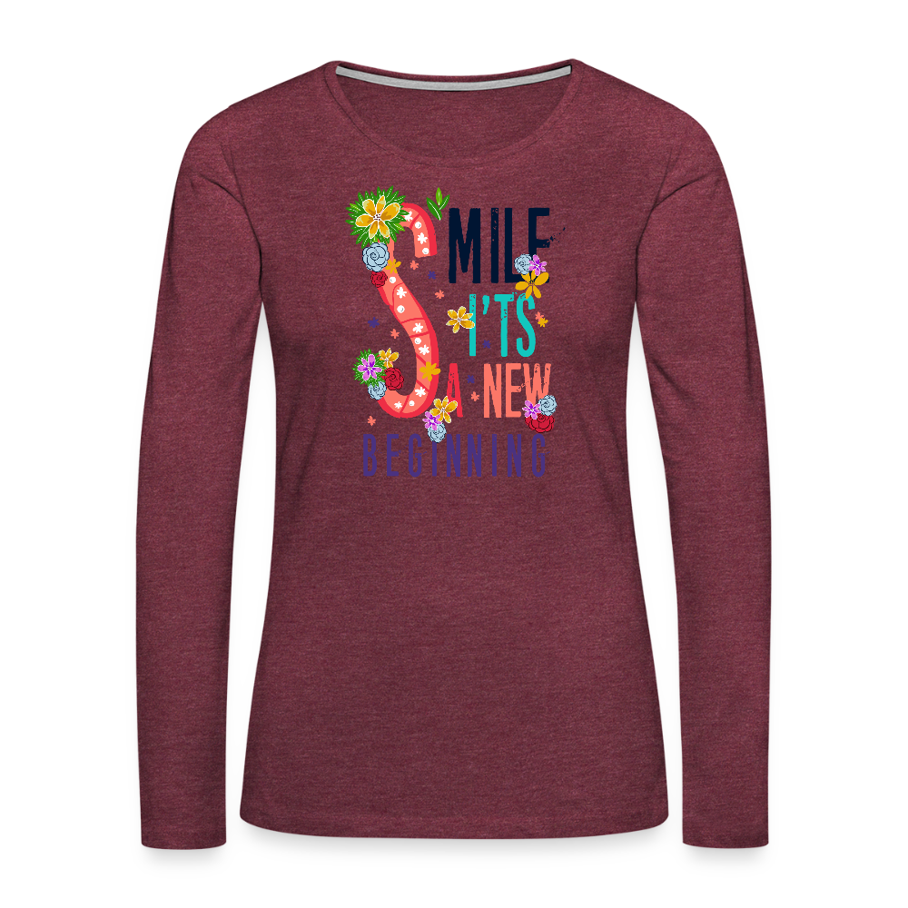 Women's Premium Idyo Longsleeve Shirt "Smile its a new beginning" - heather burgundy